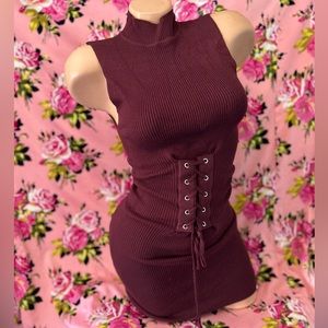 Guess burgundy ribbed fitted bodycon corset waist trainer turtleneck dress sexy